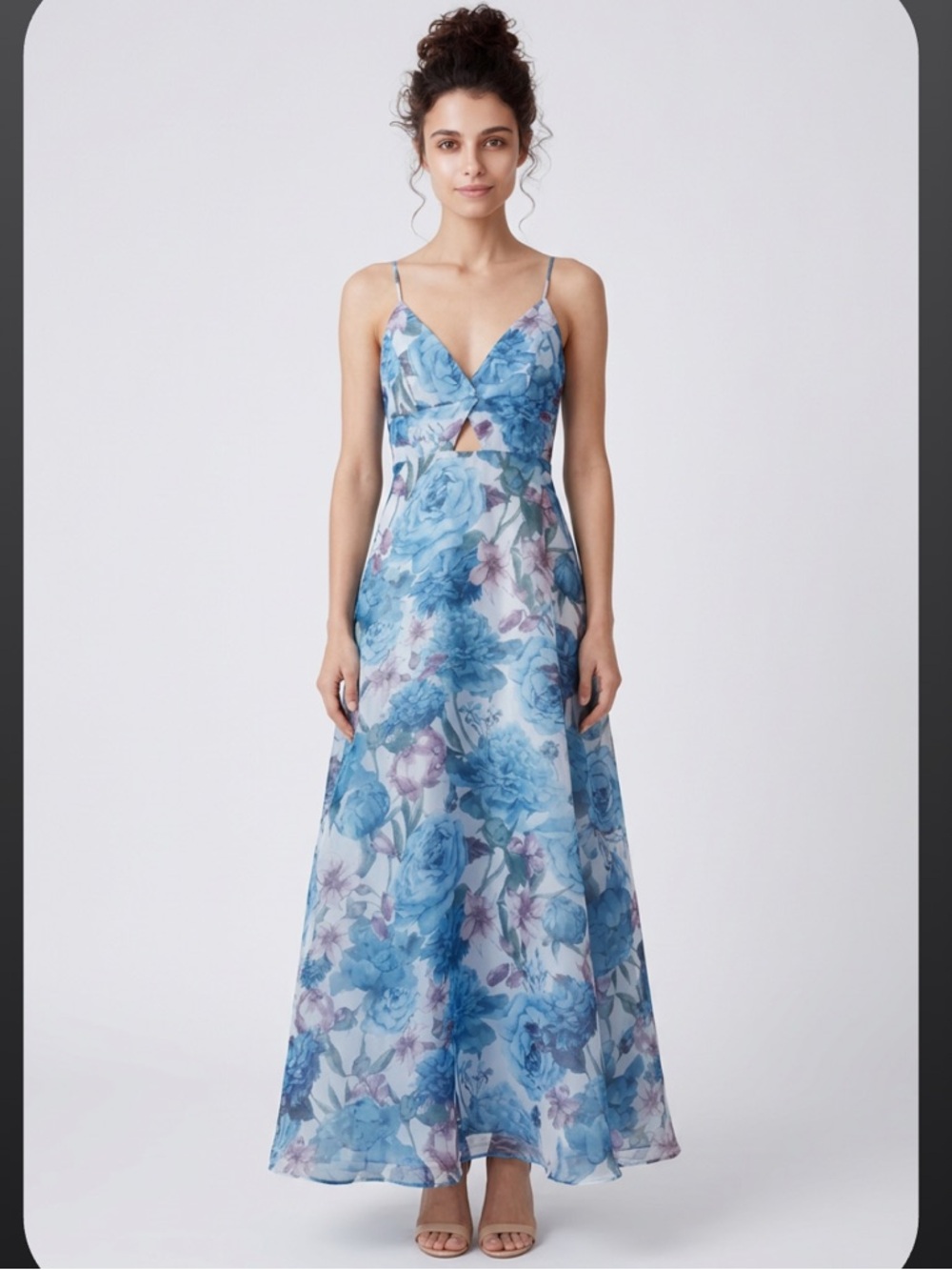 Lulu's Blue Floral V-Neck Cutout Spaghetti Strap Maxi Dress